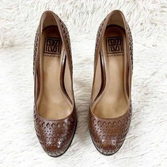 Pour La Victoire‎ Veder Hazelnut Brown Laser Cutout Platform Heels Size 7.5 - Picture 2 of 9